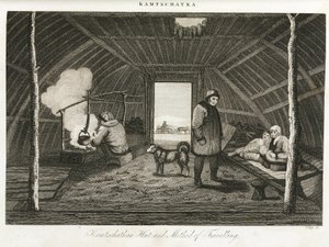 Hütte von Kamtschatka (Halbinsel im äußersten Osten Russlands) und Transportschlitten, um 1810 von Unbekannt