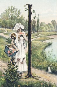 I: Eine Frau in Kleid, Schürze und Haube hält einen Korb auf ihrem rechten Arm. Ländliche Umgebung - Alphabet Figuren Ref Th. E., L. Theochrom - Serie 994. Theodor Eisman, Verleger, Leipzig von Unbekannt