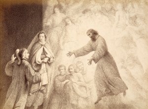 Im Mars-Sphäre trifft Dante den Geist seines Vorfahren Cacciaguida. Illustration von Canto XV in Paradiso der Göttlichen Komödie von Dante Alighieri. Werk von Francesco Scaramuzza, gewidmet der Gemeinde Florenz. von Unbekannter Künstler