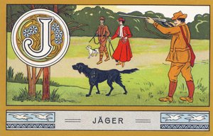 J : Jäger - Alphabet Palmin. Serie von Chromolithographien herausgegeben von H. Schlinck & Cie, Hamburg. Werbung für Palmin feinstes Kokosfett.