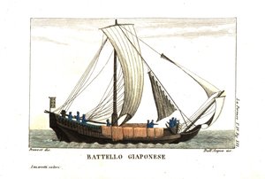 Japanisches Segelboot. Illustration von Jean Louis Prevost aus Jean François de Galaup, Graf von La Perouse (1741-1788) Journal. Kupferstich von dell
