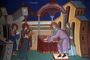 Kykkos-Kloster, Zypern. Fresko darstellend die Darstellung Jesu im Tempel, Pedoulas, Zypern