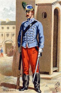 L: Husar. Gravur in "Militäralphabet". Initialen des Illustrators: A. D. Unbekannter Herausgeber. Chromolithographien Ende des 19. Jahrhunderts. von Unbekannt