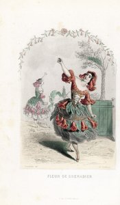Die Granatapfelblütenfee tanzt - Radierung von Charles Geoffroy nach einer Illustration von Jean Ignace Isidore Gerard dit J.J.Granville für Les fleurs animées