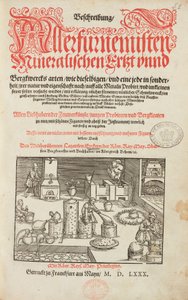 Labor für Erzanalysen, mit Ofen, Instrumenten und Werkzeugen - Titelseite von Beschreibung der Erze und der wichtigsten Methoden des Bergbaus von Lazarus Ecker - Alchemie & Frühchemie Titelseite eines Buches über Metallurgie von Unbekannt