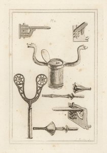 Lanzenstütze 1,2,3, Musketenstütze 4,5, Koronel oder Krone von einer Turnierlanze 6, Stab oder Griff einer Turnierlanze mit Handprotektor 7, und Turnierlanze ohne Handprotektor 8