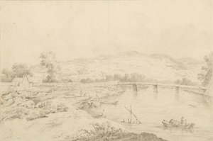 Landschaft am Fluss, mit Brücken und Booten von Unbekannter Künstler
