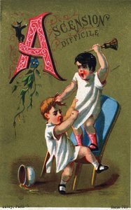Buchstabe A: Schwieriger Aufstieg. Gravur in "Alphabet des grotesques". Serie von 25 Werbechromolithographien auf goldenem Hintergrund, Ende des 19. Jahrhunderts.