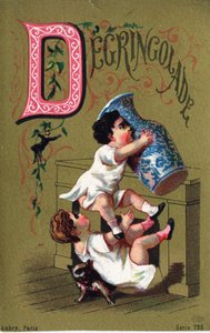 Buchstabe D: Degringolade. Gravur in "Alphabet des grotesques". Serie von 25 Werbe-Chromolithographien auf goldenem Hintergrund, Ende des 19. Jahrhunderts.