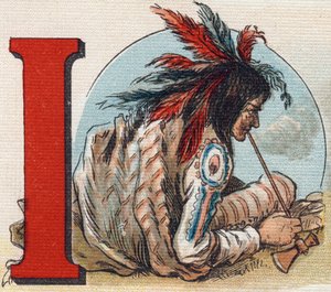 Buchstabe I: Amerikanischer Indianer. Gravur in "Alphabet de ma petite fille". Bernardin-Bechet und Fils, Buchhändler-Verleger, Paris, um 1895. Unzerbrechliches Album auf Leinwand. Bibliotheque des Bebes. 12 Seiten. Album mit einer Lesemethode und einem il