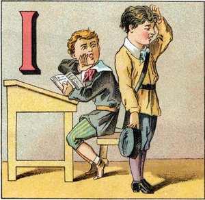 Buchstabe I als Ignoranz. Ein Schüler hat seine Lektion vergessen und wiederholt, was einer seiner Kameraden ihm vorsagt. Gravur in "Alphabet des kleinen Schülers". Imaging von Epinal, ca. 1885.