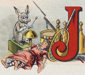 Buchstabe J: Spielzeuge. Gravur in "Alphabet de ma petite fille". Bernardin-Bechet und Fils, Buchhändler-Verleger, Paris, um 1895. Unzerbrechliches Album auf Leinwand. Bibliotheque des Bebes. 12 Seiten. Album mit einer Lesemethode und einem illustrierten A