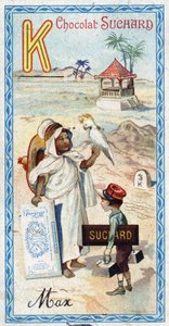 Buchstabe K: Kabyle, Käppi, Kilogramm, Kakadu, Kiosk, Kilometer. Gravur des Alphabets herausgegeben von Chocolat Suchard, Anfang des 20. Jahrhunderts. 24 Chromolithographien, die Orte, Charaktere und Objekte darstellen, die im Bild entdeckt werden sollen.