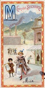 Buchstabe M: Berg, Spiegel, Maschine, Herstellung, Mantel, Bettler, Mühle. Gravur des Alphabets herausgegeben von Chocolat Suchard, Anfang des 20. Jahrhunderts. 24 Chromolithographien, die Orte, Charaktere und Objekte darstellen, die im Bild entdeckt werde von Unbekannt