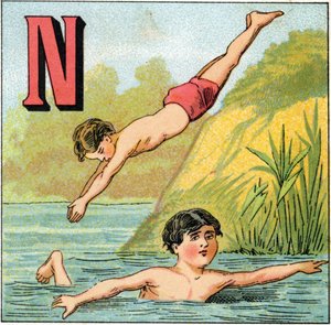 Buchstabe N für Schwimmen. Gravur in „Alphabet des petits écoliers“. Bild von Epinal, um 1885. Private Sammlung