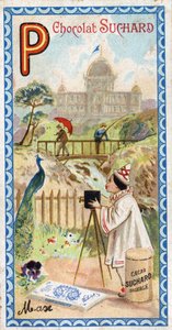 Buchstabe P: Palast, Pavillon, Regenschirm, Fotograf, Brücke, Angeln, Pfau, Gedanke. Gravur des Alphabets herausgegeben von Chocolat Suchard, Anfang des 20. Jahrhunderts. 24 Chromolithografien.