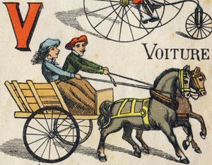 Buchstabe V für Auto. Gravur in "ABC Toys". Epinal-Bildgebung in Chromolithographie, um 1890. Kleines Heft mit 8 Seiten. von Unbekannt