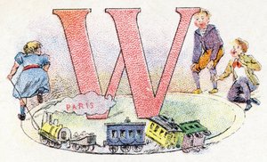 Buchstabe W: Wagen. Alphabet von Phosphatine Falieres. Gravur. Brevete Alphabet S.G.D.G. von Apotheker Pierre Emile Falieres. Illustrationen in Chromolithographie, Ende des 19. Jahrhunderts. 16 Seiten.
