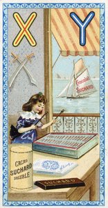Buchstabe X: Xylophonist und Y: Yatagan, Yacht. Gravur des Alphabets herausgegeben von Chocolat Suchard, Anfang des 20. Jahrhunderts. 24 Chromolithografien.