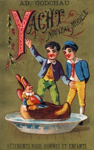 Buchstabe Y: Yacht neues Modell. Gravur in "Alphabet des grotesques". Serie von 25 Werbechromolithographien auf goldenem Hintergrund, Ende des 19. Jahrhunderts. von Unbekannt