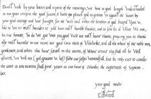 Brief von König Edward VI. im Alter von 9 Jahren an seinen Onkel Edward Seymour, in dem er ihm zum Sieg über die Schotten in der Schlacht von Pinkie am 10. September gratuliert von Unbekannt