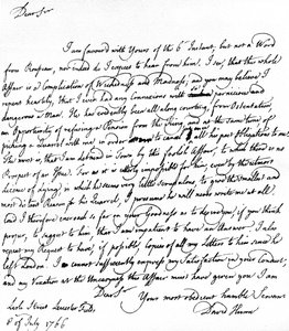 Brief von David Hume an Richard Davenport über die großen Schwierigkeiten seiner Beziehung zu Jean-Jacques Rousseau, Rousseaus Weigerung, eine Pension anzunehmen, und seine Streitigkeiten mit Hume, 8. Juli von Unbekannt