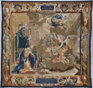 Leben der Jungfrau: „Die Verkündigung“ - Woll- und Seidentapisserie aus der Werkstatt von Pierre Damour nach Zeichnungen von Charles Poerson (1609-1667) von Unbekannt