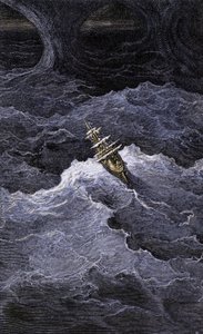 Literatur: Boot in der Mitte des Meeres. Illustration des Romans von Samuel Taylor Coleridge (1772-1834) „Rime of the Ancient Mariner“. Farbgravur nach einer Illustration von Gustave Doré von Unbekannter Künstler