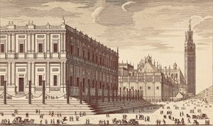 Lonja de Comercio und Teilansicht der Kathedrale von Sevilla. Gravur. Spanien. Madrid. Nationalbibliothek