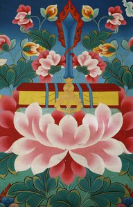 Lotusblume, Schwert des Wissens und heilige Schrift. Kopan-Kloster, Kathmandu, Nepal von Unbekannt