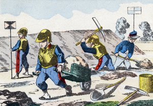 Minenarbeiter. Gravur in "Alphabet militaire enfantin". Bildgebung von Pont-a-Mousson, um 1890. 20 Seiten. von Unbekannt