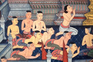 Mönche. Wandbilddetail an den Innenwänden der Vihara aus der Ära von König Rama III, das den Ramakian darstellt. Wat Pho - Wat Phra Chettuphon. 1788. Bangkok. Thailand von Unbekannt