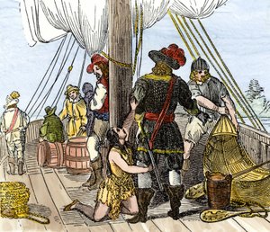 Ureinwohner Amerikas: Indianer. Pocahontas gefangen an Bord eines Schiffes von Jamestown. Farbige Gravur des 19. Jahrhunderts. von Unbekannter Künstler
