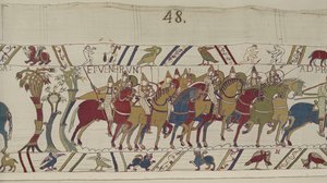 Normannische Soldaten verlassen Hastings, um gegen Harold zu kämpfen, Teppich von Bayeux (Wollstickerei auf Leinen) von Unbekannt