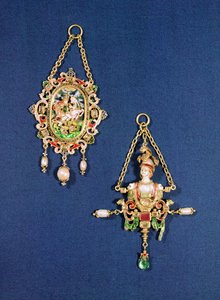 Ovaler Anhänger, der St. Georg zeigt, wie er den Drachen tötet, Nordeuropa, ca. 1600; Anhänger in Form einer Büste der Minerva, Süddeutschland, ca. 1570