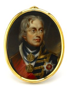 Miniaturgemälde, das Vizeadmiral Horatio Nelson (1758-1805) darstellt. Montiert auf einem Kupfer- und Emaille-Anhänger, frühes 19. Jahrhundert, Porträt von Henry Pierce Bone (1779-1855) von Unbekannter Künstler