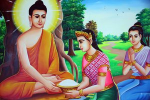 Gemälde, das Buddha beim Empfang von Opfergaben darstellt. Kambodscha von Unbekannt