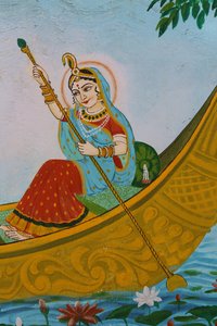 Gemälde darstellend Sri Radha (Krishnas Gefährtin) beim Rudern eines Bootes. Indien von Unbekannt