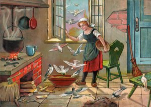 Bauernmädchen mit Tauben (Illustration um 1920)