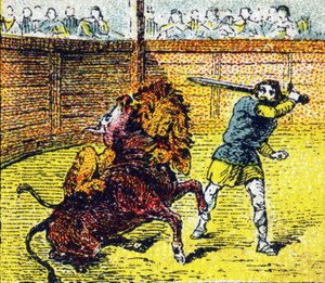 Pippin der Kurze steigt in die Arena, um den Löwen zu töten, der gerade auf den Nacken des Stiers gesprungen war (Illustration aus „Histoire de France“)
