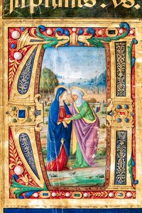 Piccolomini-Bibliothek: Chorbuch, Cod. 14.P., ff. 2r mit „Die Heimsuchung von Maria und St. Elisabeth, von Giovanni di Giuliano Boccardi, bekannt als Boccardino der Ältere. (Detail)