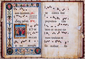 Piccolomini-Bibliothek: Chorbuch, cod. 26.R, ff. 29v-30r mit „Christus und alle Heiligen“