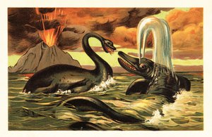 Plesiosaurus und Ichthyosaurus kämpfen vor einem ausbrechenden Vulkan von Unbekannter Künstler