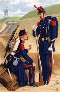 Q: Genie. Gravur in "Militäralphabet". Chromolithographien Ende des 19. Jahrhunderts.