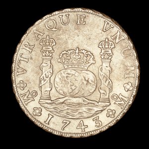 Seltene Silbermünze, Spanisch-Amerika König Ferdinand VI, 8 Reale, Säulen des Herkules an der Straße von Gibraltar mit Globus, Krone