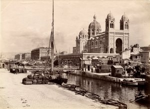 Religiöse Architektur: Außenansicht der Basilika Kathedrale Sainte Marie Maggiore (Sainte-Marie-Maggiore), erbaut zwischen 1852 und 1893 nach den Plänen des Architekten Leon Vaudoyer (1803-1872). Marseille, Bouches du Rhone (13), Cenotypie des Beginns von William M. Timlin