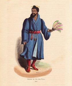 Bewohner der Ryu-Kyu-Inseln (Okinawa, Japan) - Mann der Lou-Tchou-Inseln (RyukYu-Inseln oder modernes Okinawa) - Handkolorierter Holzschnitt von Mercier aus „Habits, Uses et Costumes de tous les Peuples du Monde, Asie,“ von Auguste Wahlen, Pseudonym von J