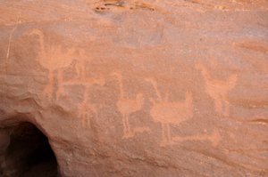 Felskunst, Vorgeschichte: Gravur einer Gruppe von Straußen, von denen einige behindert sind (mit einem Stein blockiert) und zwei Figuren im Uweinat-Massiv, Sudan. Zeitraum von 8000 bis 3000 v. Chr. Fotografie von Unbekannt