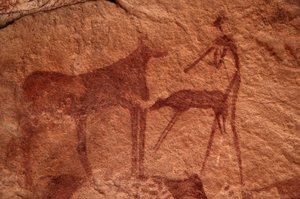 Felskunst, Vorgeschichte: Felsmalerei einer Kuh, eines Kalbs und einer Figur (Bogenschütze) in einem verzierten Schutzraum im Uweinat-Massiv, Ägypten. (Zeitraum von 8000 bis 3000 Jahre v. Chr.). Fotografie von Unbekannt