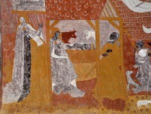 Romanische Kunst: Fresken der Begräbniskapelle Sainte Catherine de Jouhet, Vienne, Poitou-Charentes, Frankreich. Geburt Christi. Fotografie